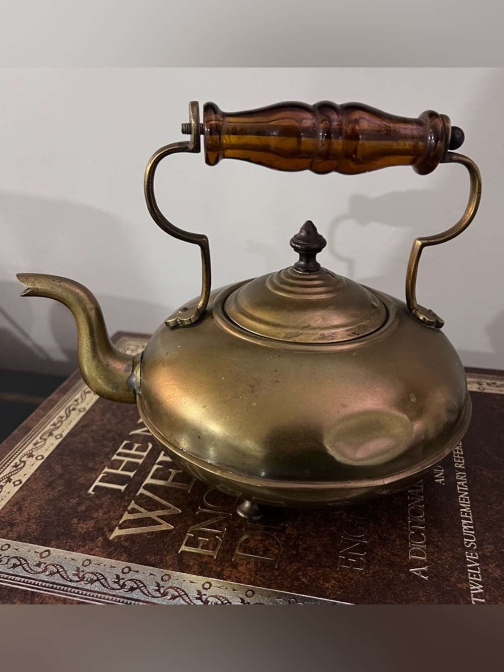 Antique Vintage Brass Teapot Kettle with Amber Glass Handle
